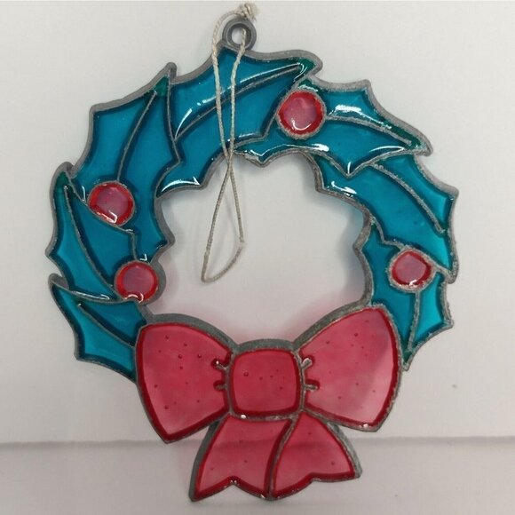 Vtg Set of 4 Faux Stained Glass Heavy Plastic Christmas Ornaments Sun Catchers - Picture 5 of 6